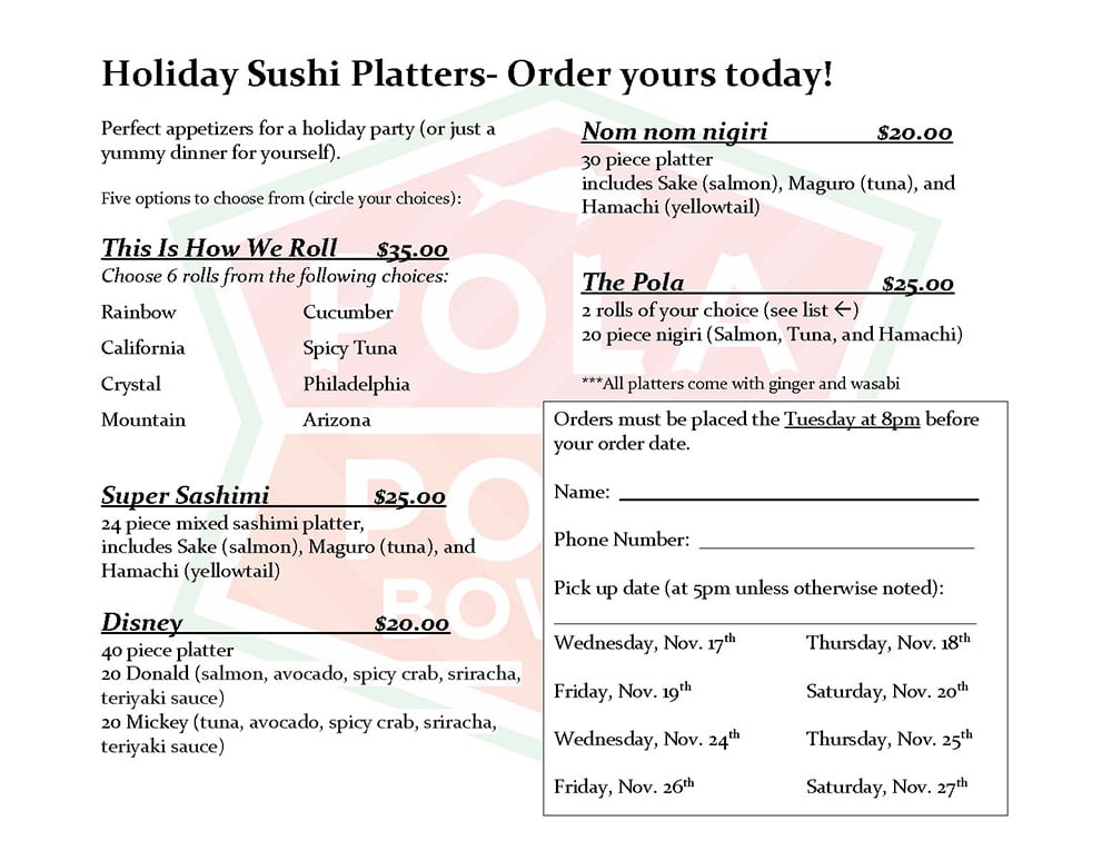 2021 Holiday Sushi Platters at Pola Poke Bowl Reno